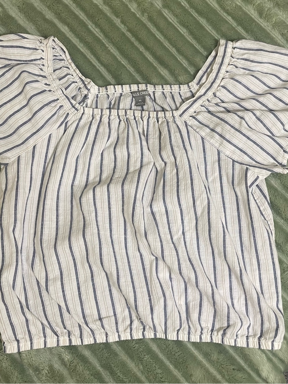Falls Creek White and Blue Striped Off-Shoulder Blouse